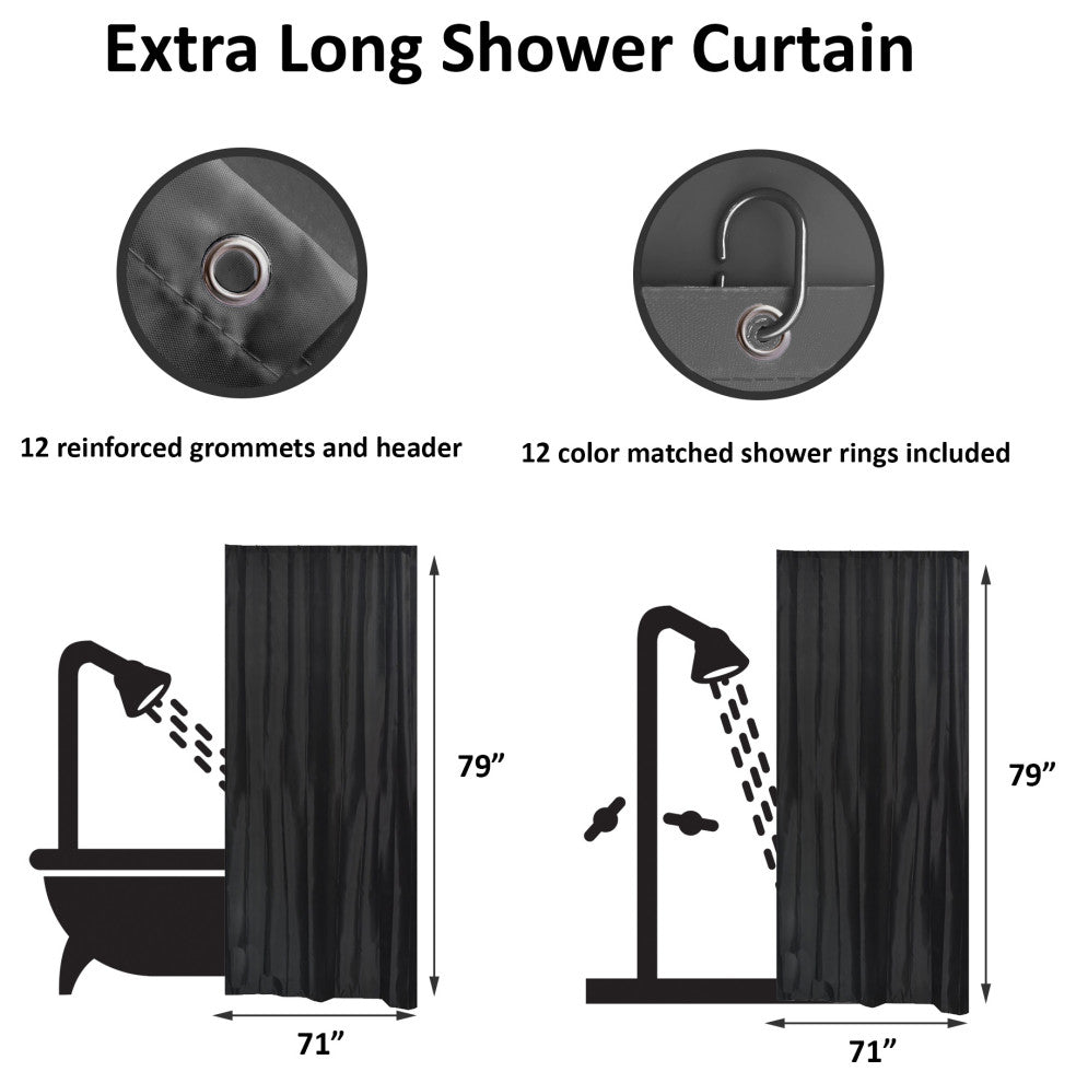 Extra Long Shower Curtain Polyester 12 Rings 79L x 71W, Black