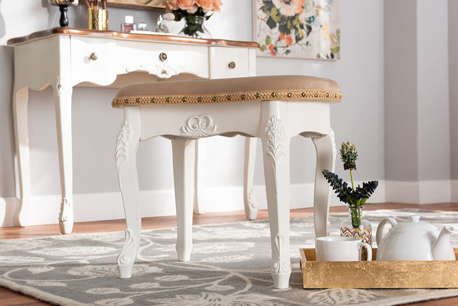 Derwent Sand Velvet Fabric White-Finished Wood Vanity Ottoman