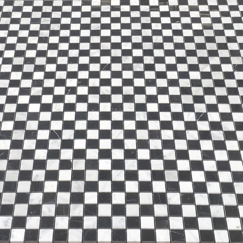 Carrara White Nero Marquina Marble 1x1 Checkerboard Mosaic Tile Polish, 1 sheet