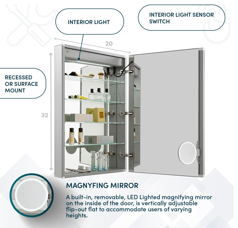 Edge Royale 20" LED Medicine Cabinet Defogger 3X Adjustable Magnifying Mirror