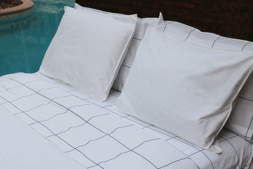 Navy On White Window Pane Printed Sheet Set, 100% Cotton Matte Sateen
