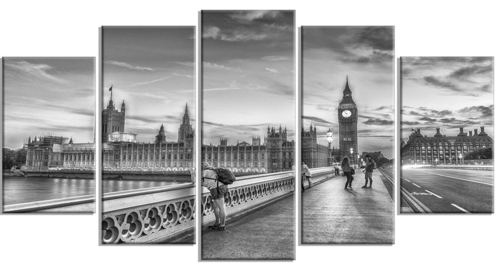 "Beautiful Black and White London View" Cityscape Wall Art, 60"x32", 5-Panels