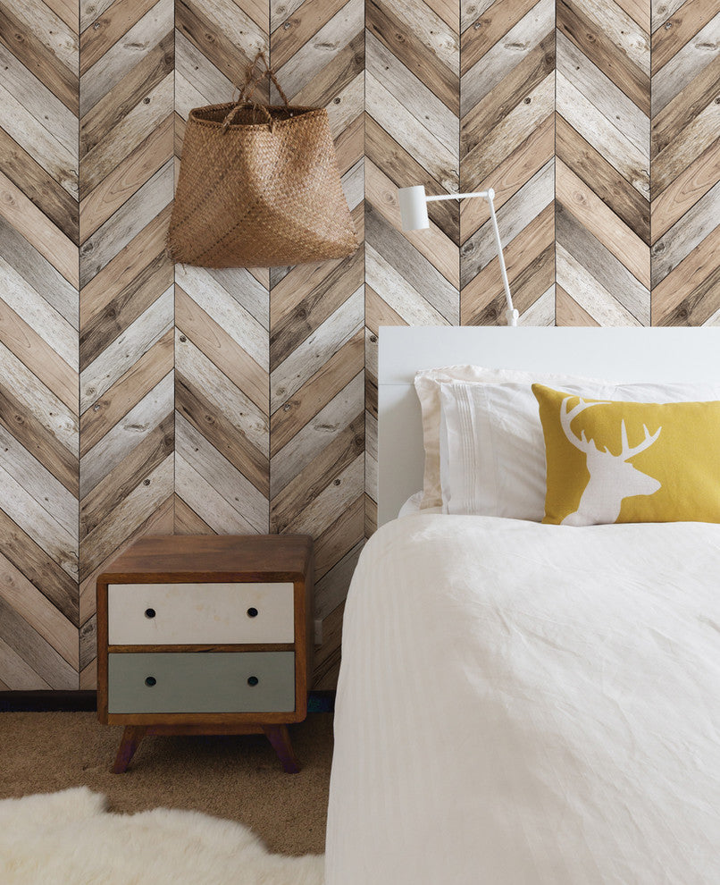Chevron Wood Herringbone Peel and Stick Vinyl Wallpaper, Original, 24"w X 60"h