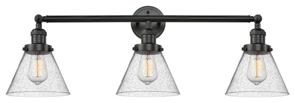 Large Cone 3-Light Bath Fixture, Seedy Glass, Matte Black