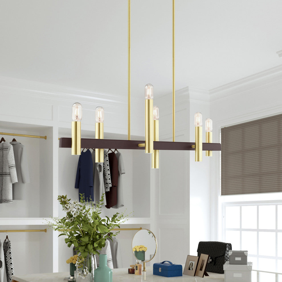 Livex Lighting Helsinki 6 Light Satin Brass, Bronze Accents Linear Chandelier