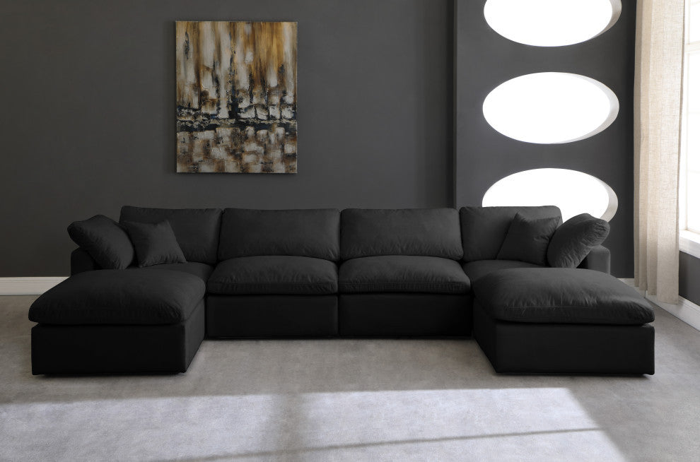 Plush Velvet / Down Standard Comfort 6-Piece U-Shaped Modular Sectional, Black
