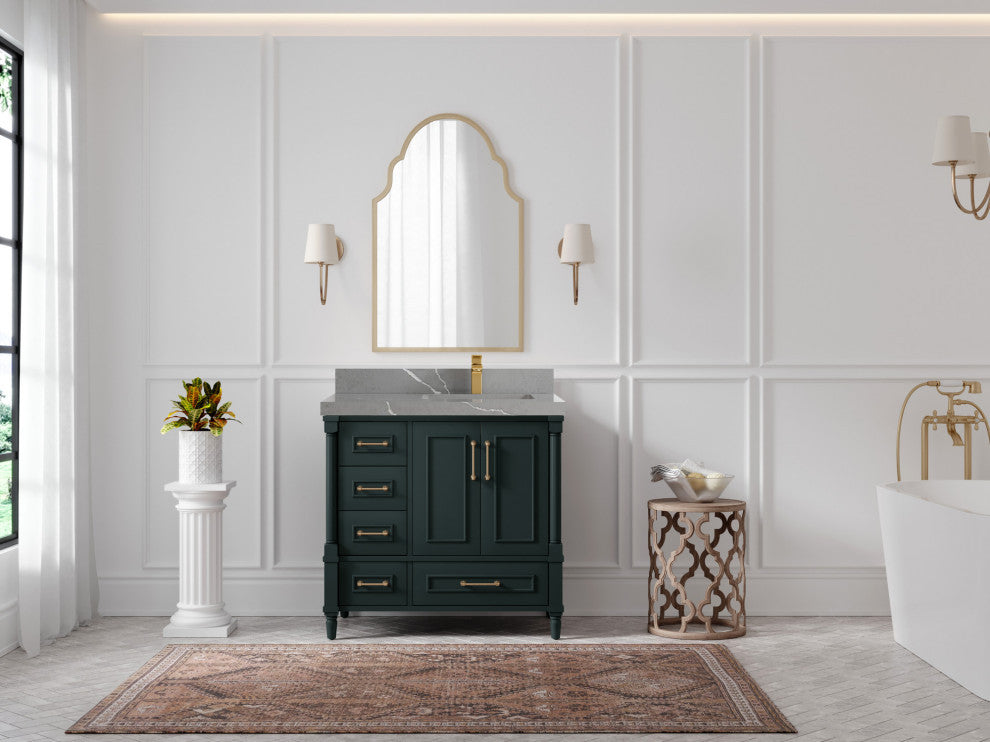 Aberdeen 36 Right Offset Bath Vanity in Dark Forest Green 2" Piatra Gray