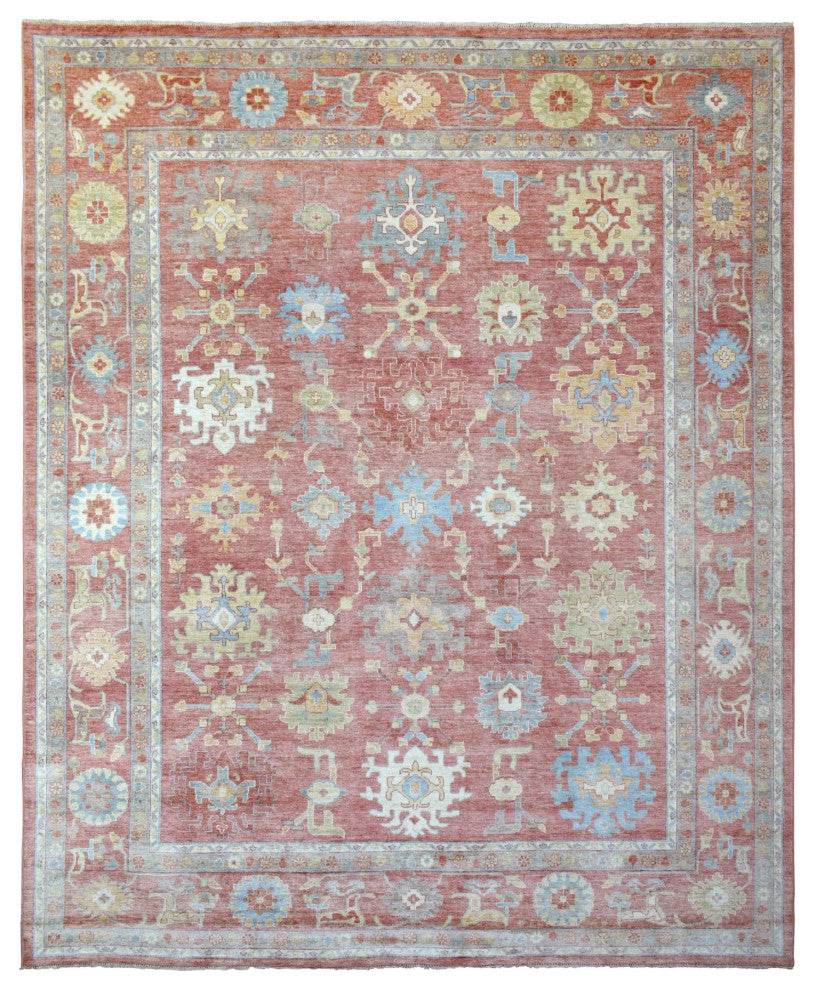 Coral Red Afghan Angora Oushak Soft Wool Hand Knotted Oversized Rug 11'10"x14'3"