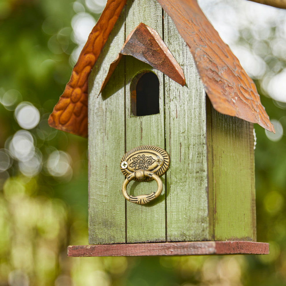4.09"H Rustic Garden Distressed Wooden Birdhouse, Door Knocker Ring