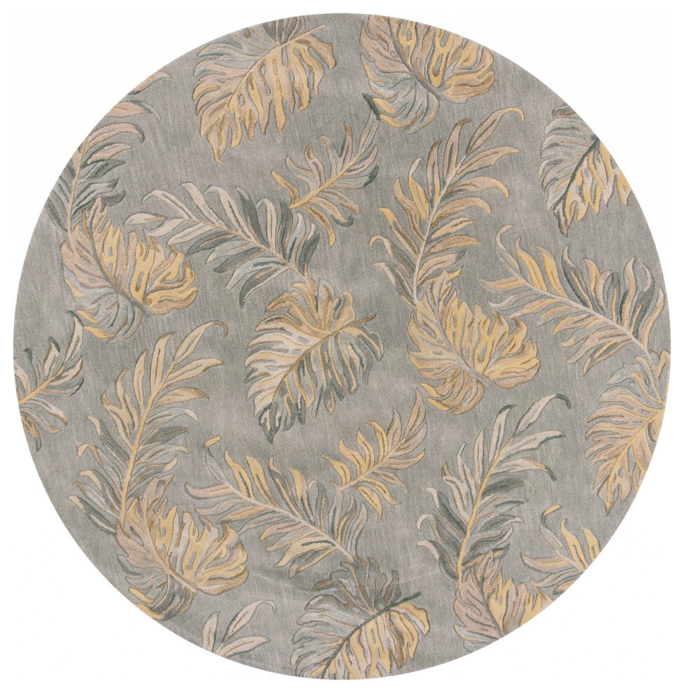 HomeRoots 8' Grey Hand Tufted Tropical Palms Round Indoor Area Rug
