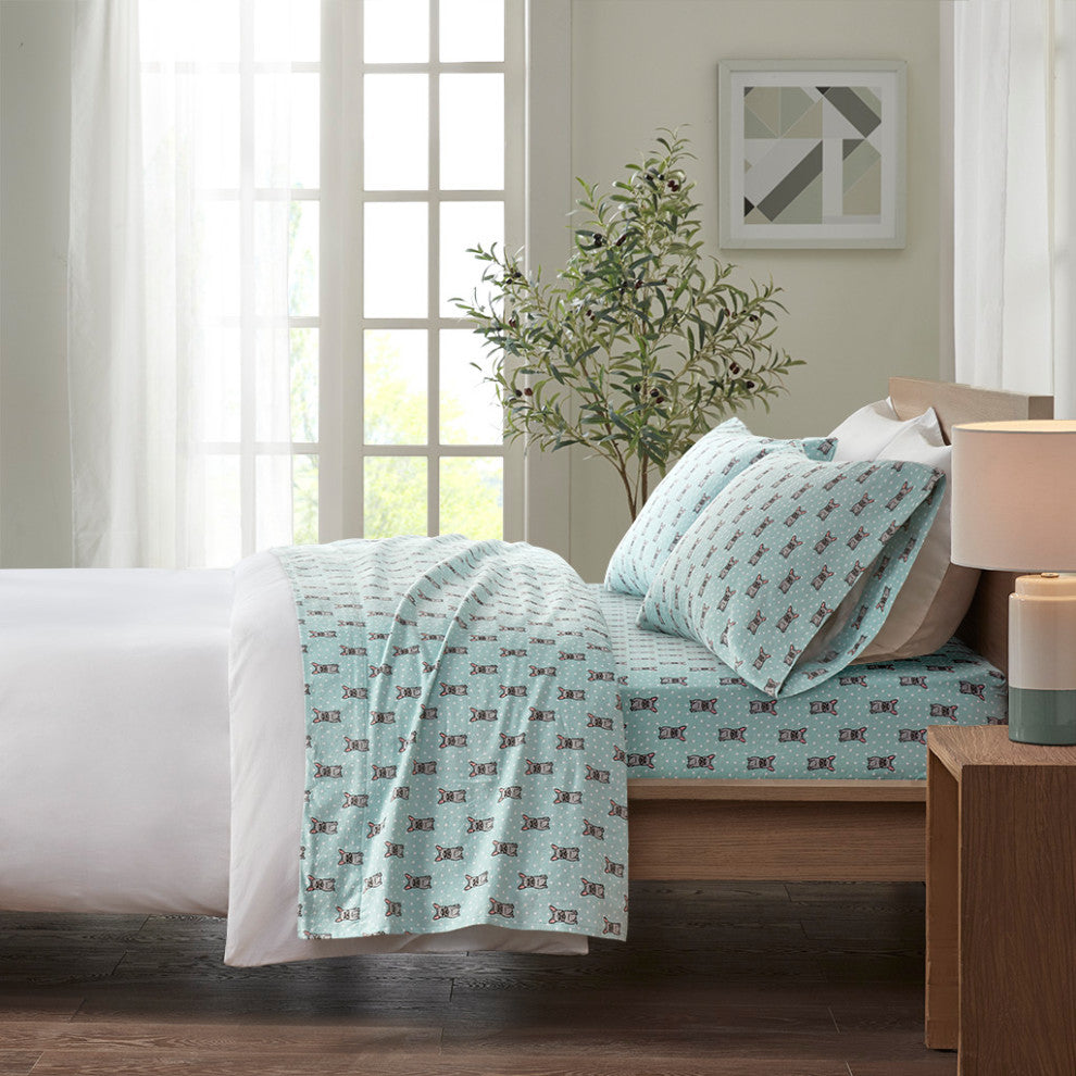 True North by Sleep Philosophy Cotton Flannel Sheet Set, French Bulldog, Blue