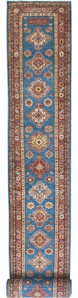 Denim Blue Hand Knotted Afghan Super Kazak Organic Wool XL Runner Rug 2'8"x40'8"