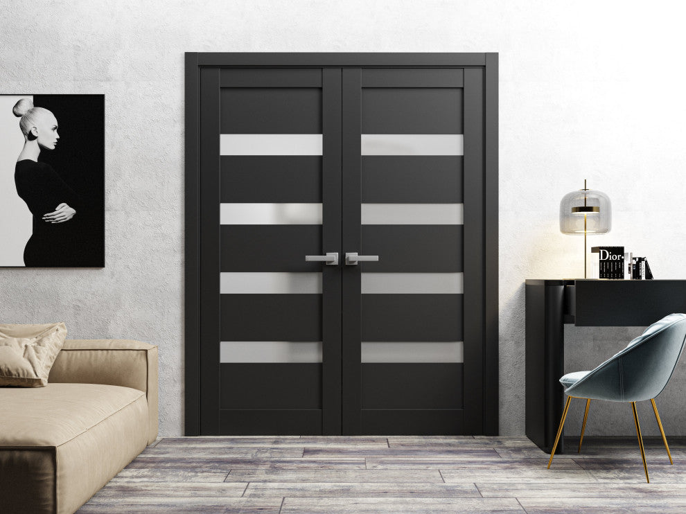 French Double Doors |Quadro 4113 Matte Black with Frosted Opaque Glass-60x84