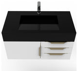 CastelloUSA Nile 36" Wall Mounted Vanity Set, White, Black Top, Gold Handles