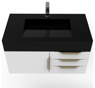 CastelloUSA Nile 36" Wall Mounted Vanity Set, White, Black Top, Gold Handles