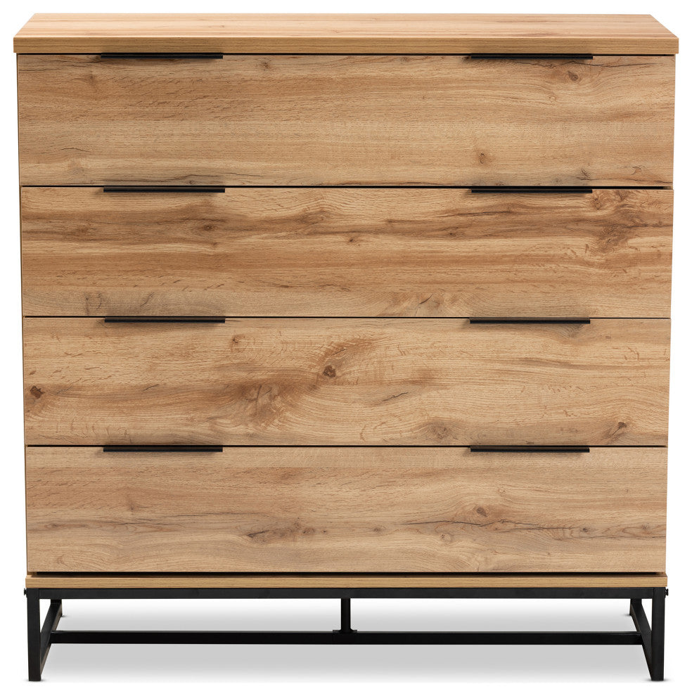 Wharton Industrial Oak Wood and Black Metal 4-Drawer Dresser
