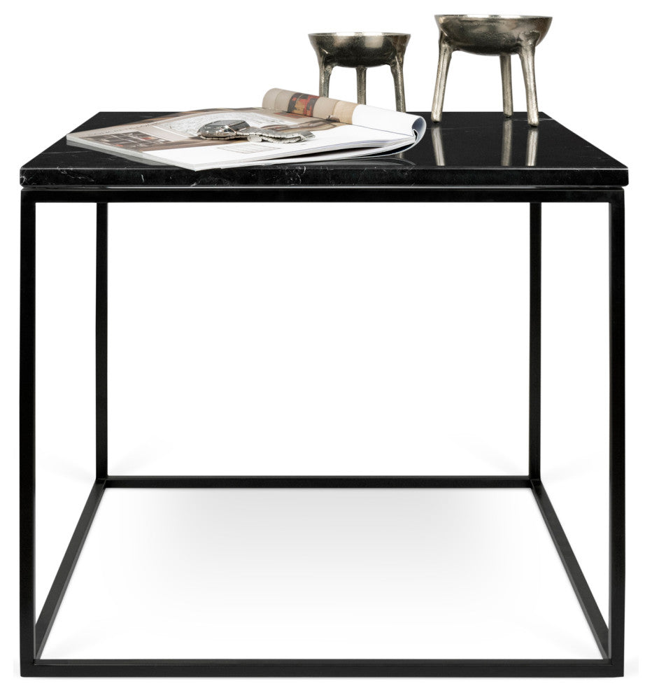 Minimal Modern Cube Marble Top Side Table, Black Marble/Black Base