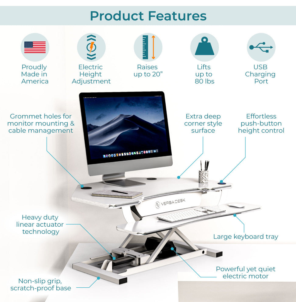 VersaDeskÂ® PowerProÂ® Corner Electric Standing Desk Converter with USB Charging, White