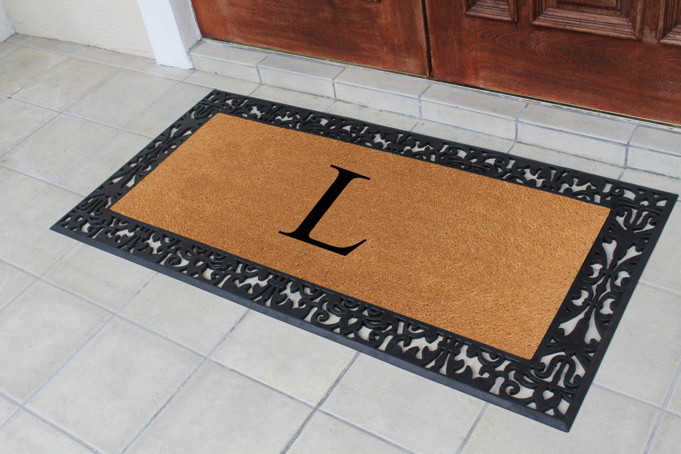 A1HC Rubber and Coir Paisley Border Durable Monogram Doormat 30"x60", Black, L