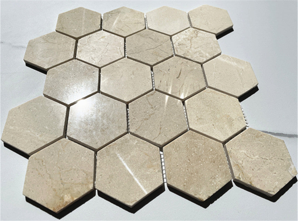 Crema Marfil Marble 3 inch Hexagon Mosaic Tile Polished, 1 sheet