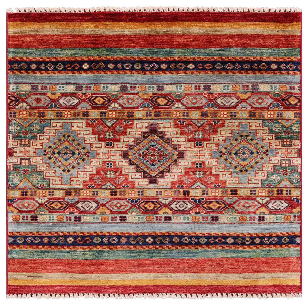 3' 3" X 3' 6"' Square Super Kazak Khorjin Handmade Rug Q10819