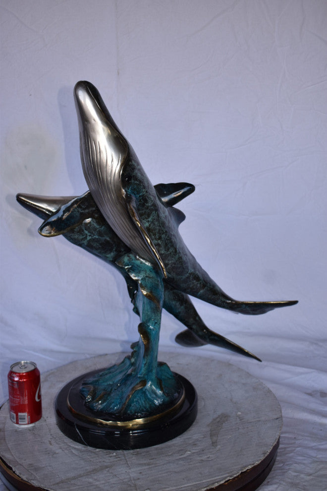 Pair of Blue Whales Swimming, The Ocean Bronze Statue Size: 21" x 20" x 27"H
