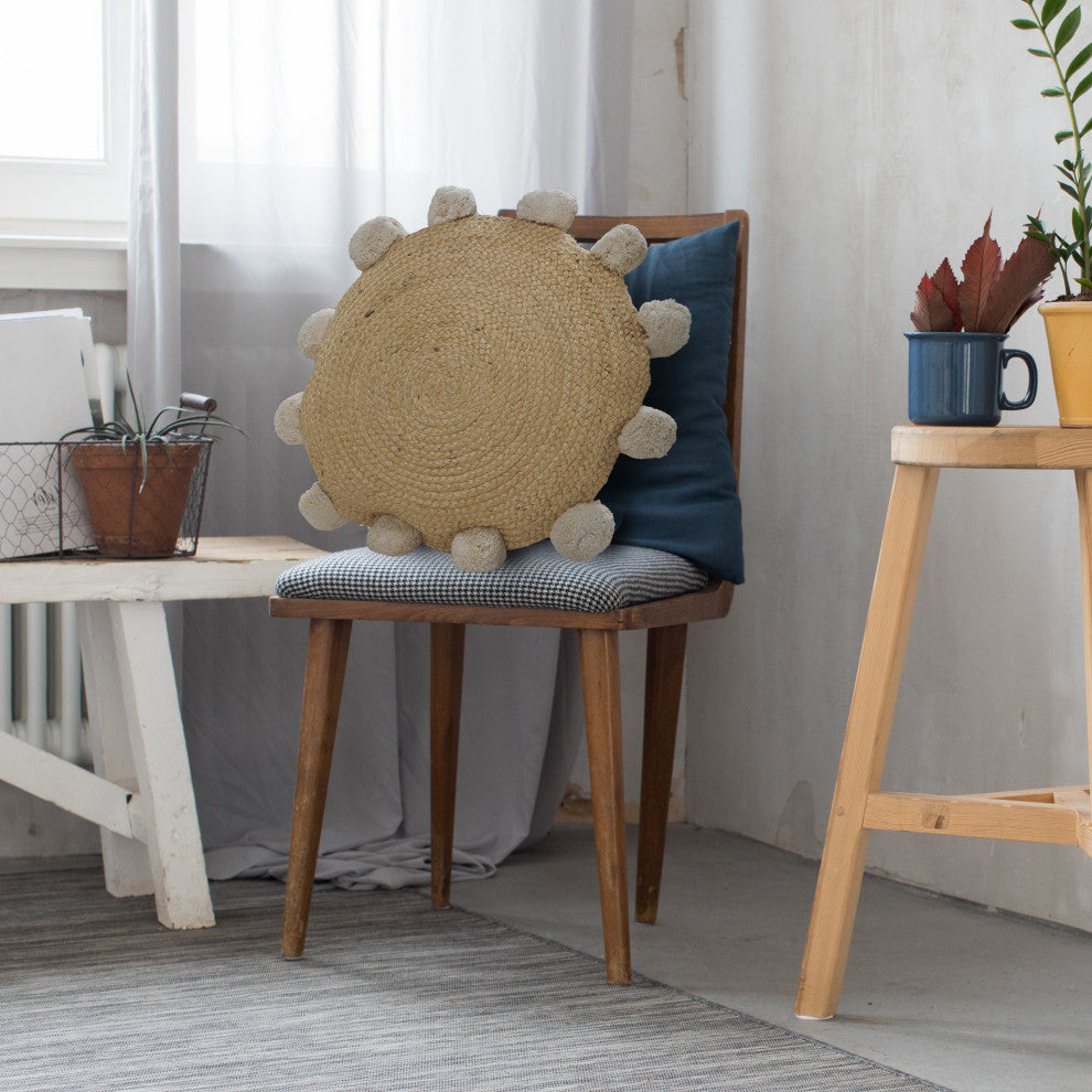 Natural Jute Throw Pillow with Pom Poms Border, Round