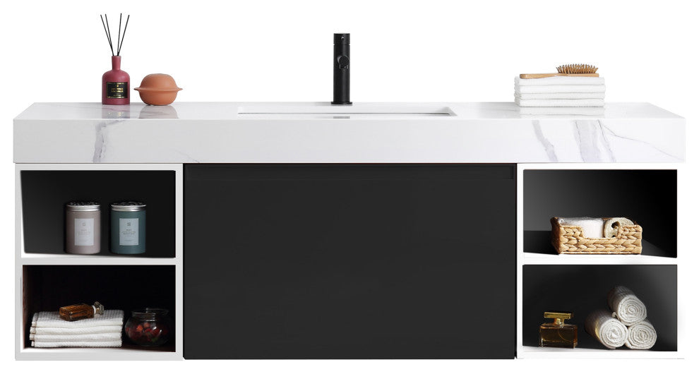 Manarola Matte Black with Thick Quartz Wall Mount Vanity, Open Shelf, 60"