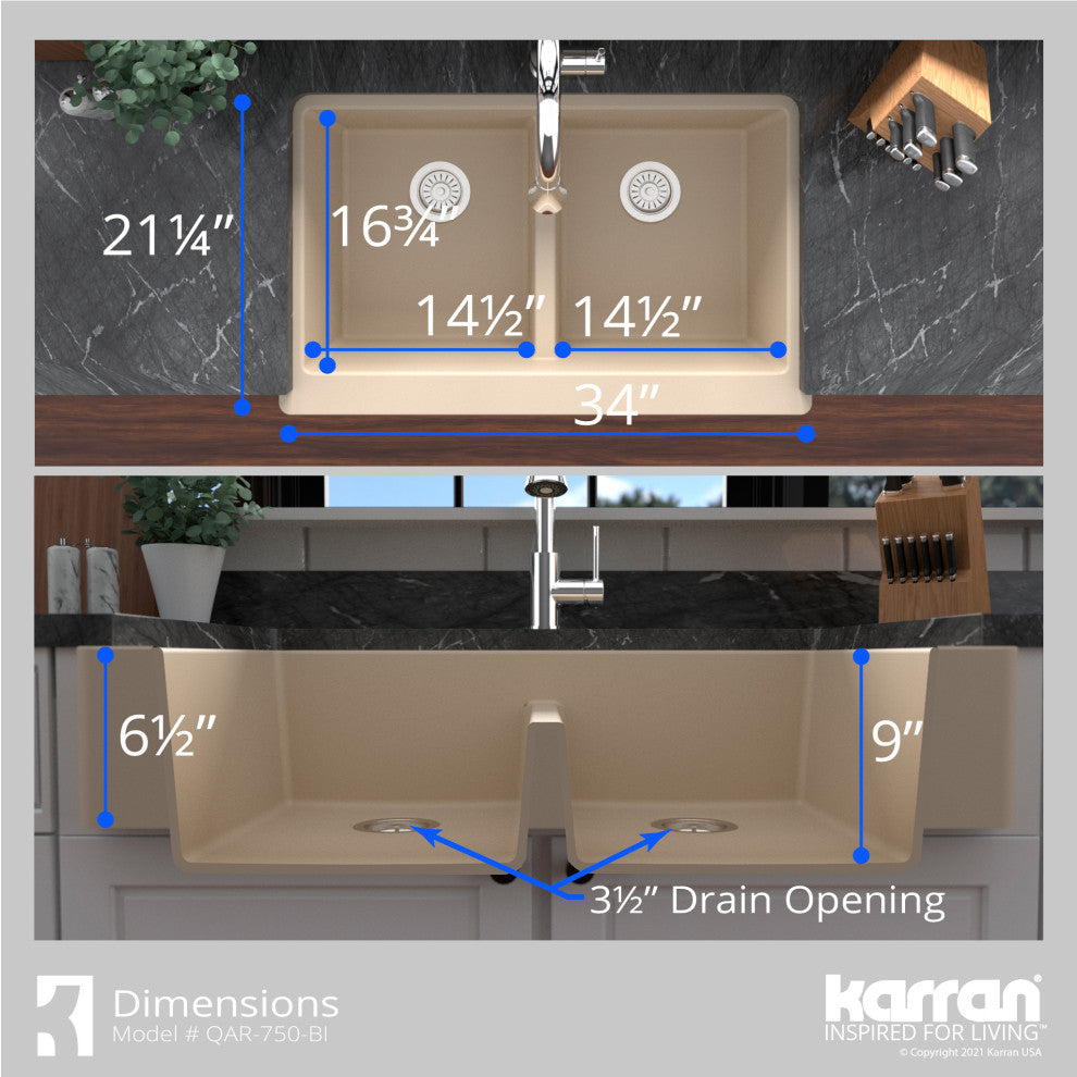 Karran Retrofit Farmhouse Quartz 34" Double Bowl Sink Kit, Bisque