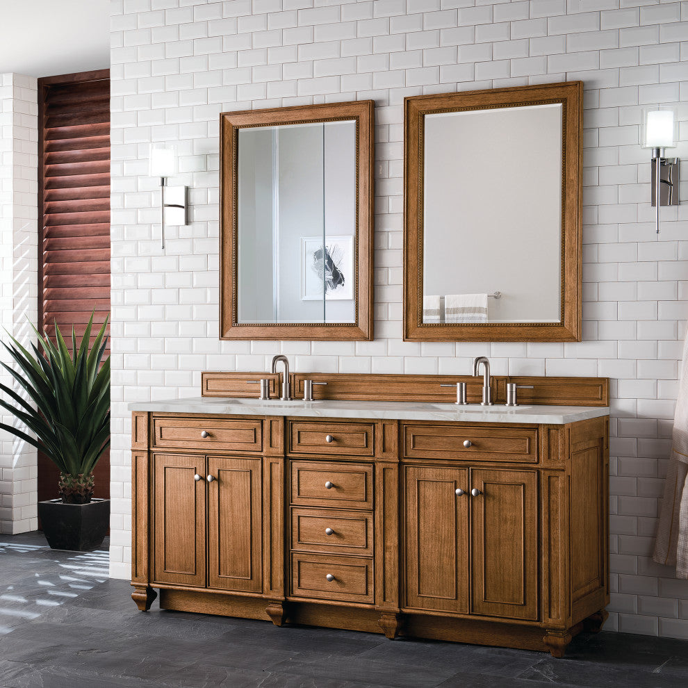 Bristol 72" Double Vanity Bright White, Saddle Brown, Victorian Silver, Three-Hole