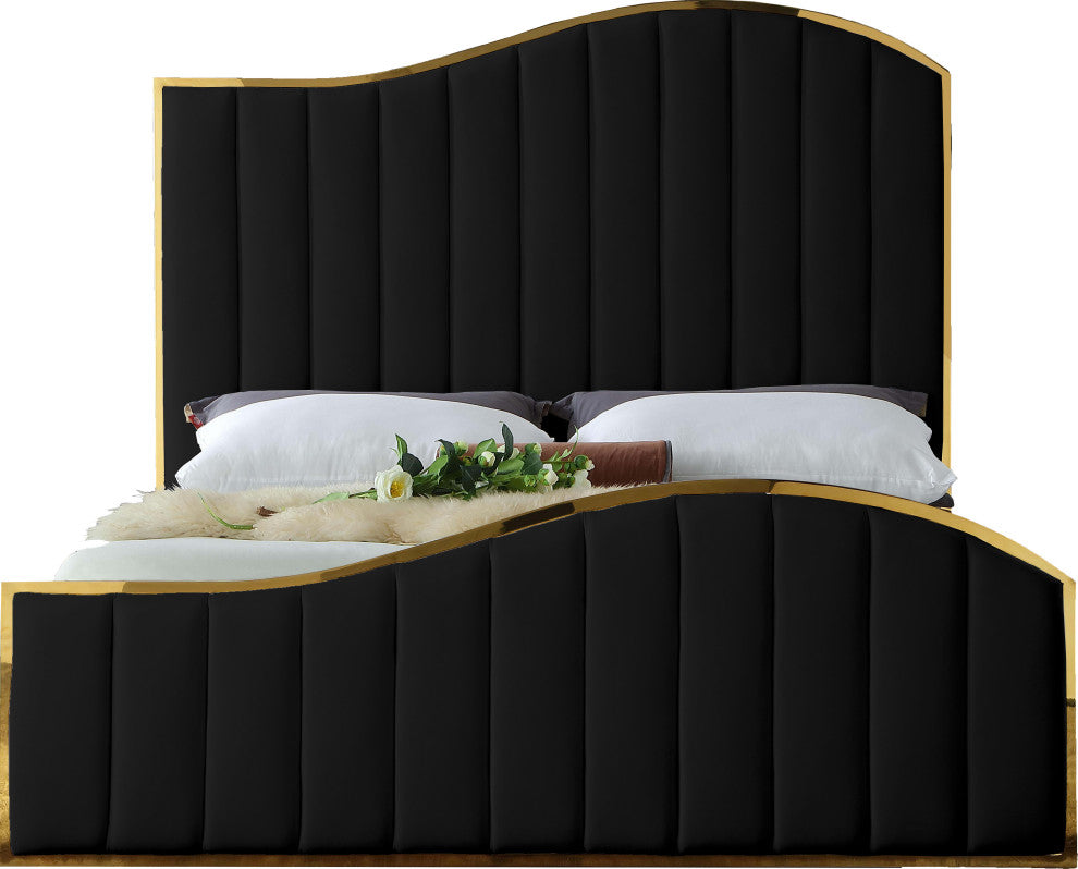 Jolie Black Velvet King Bed, Black, Queen