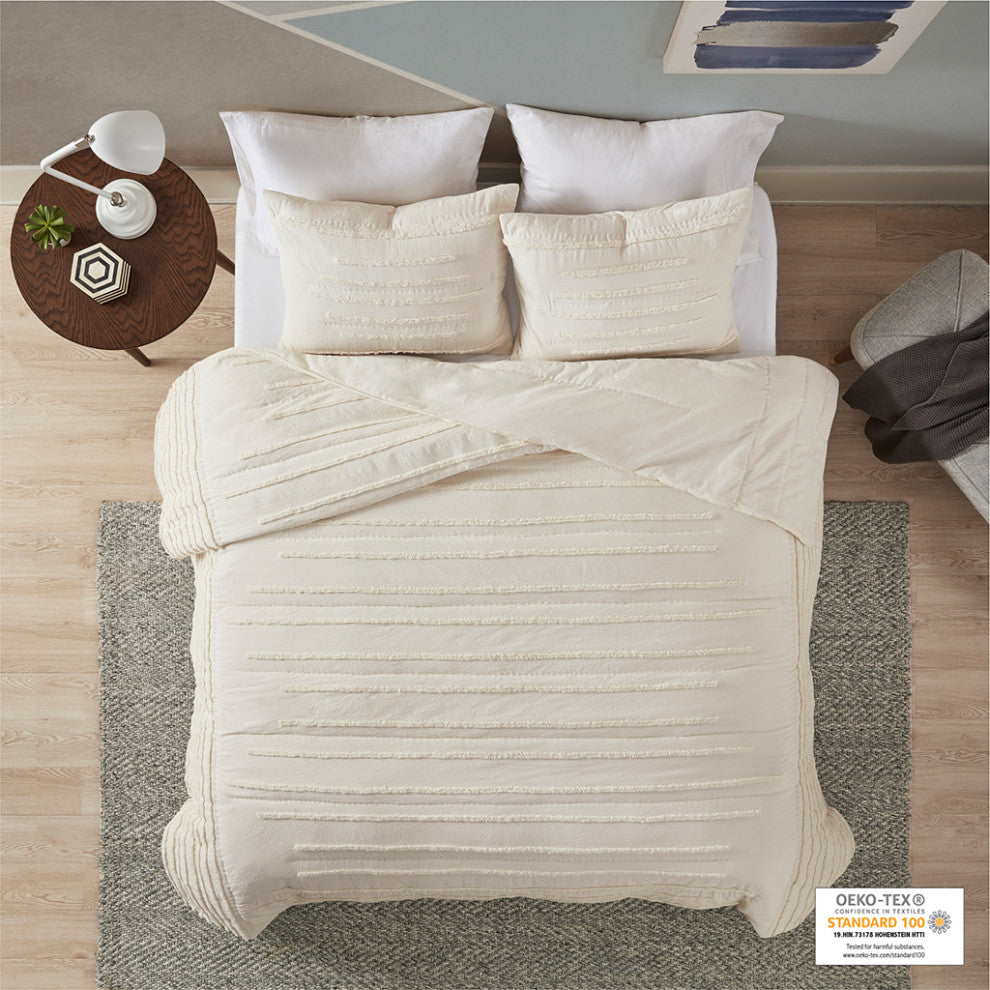 Urban Habitat Mercer 3 Piece Cotton Quilt Set With Chenille Trims, Ivory