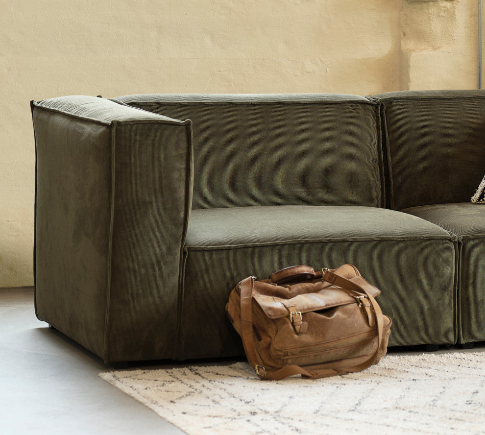 Burt Square Arm Modular End Chair, Olive Green Corduroy, Left End