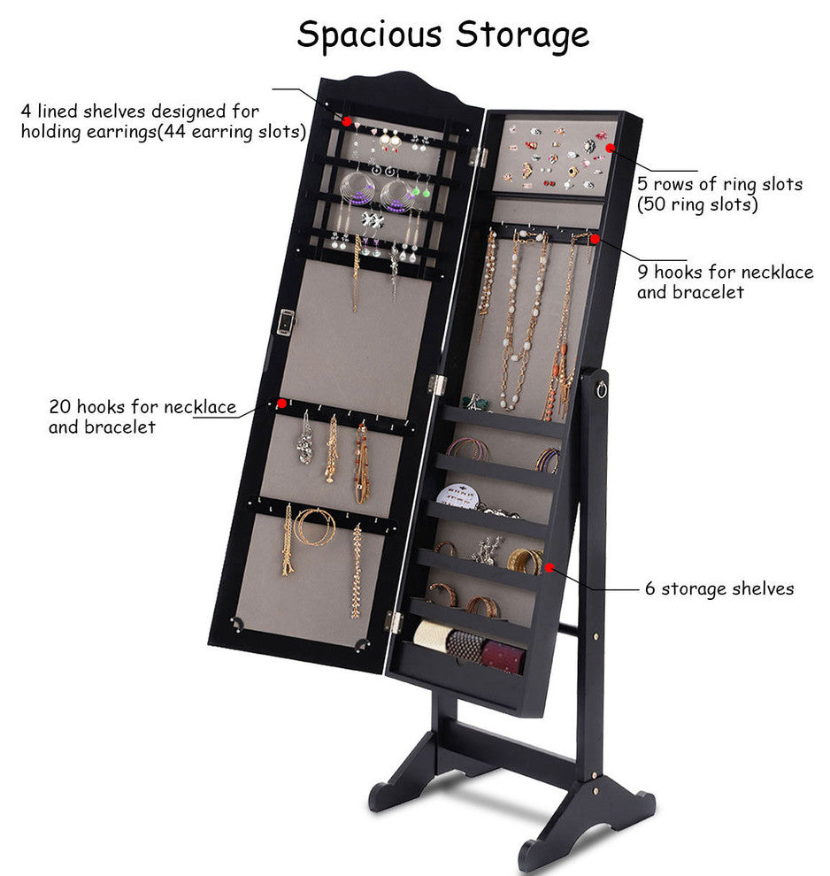 Costway Lockable Mirrored Jewelry Cabinet Mirror Organizer Storage Box w/ Stand