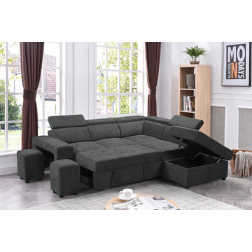 Henrik Dark Gray Sleeper Sectional Sofa With Storage Ottoman and 2 Stools