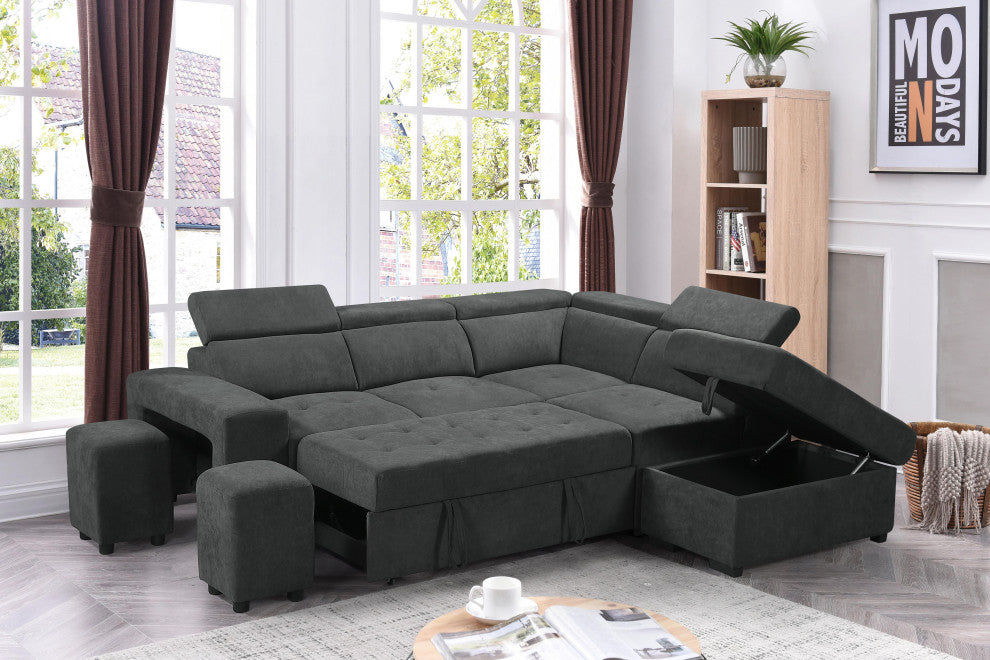 Henrik Dark Gray Sleeper Sectional Sofa With Storage Ottoman and 2 Stools