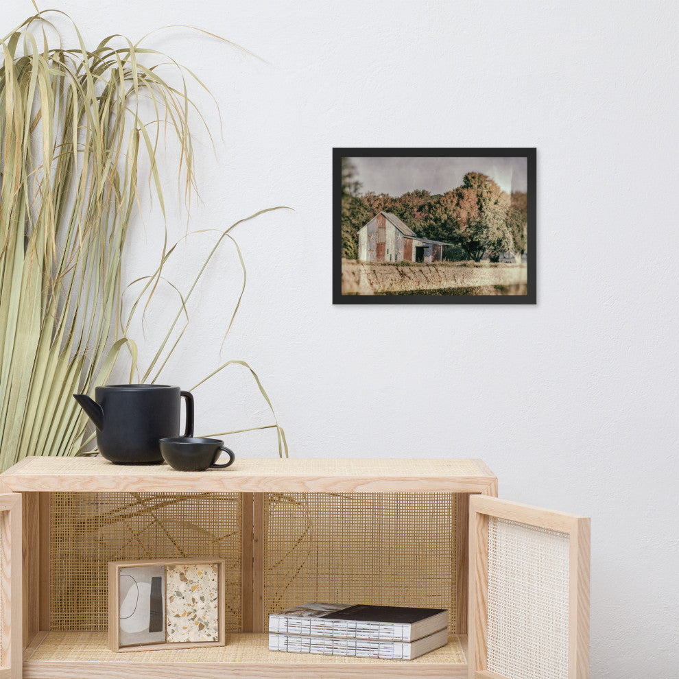 Patriotic Weathered Barn in Field Glass Plate Framed Photo Paper Wall Art Prints, Black, 12" X 16"