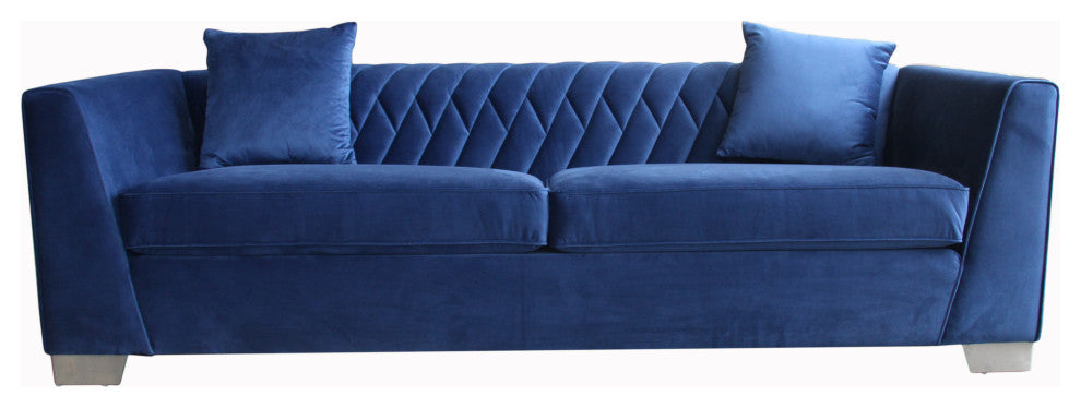 Cambridge Contemporary Sofa, Brushed Stainless Steel and Blue Velvet