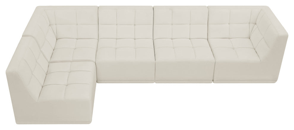 Relax Velvet Upholstered 5-Piece L-Shaped Modular Sectional, Cream
