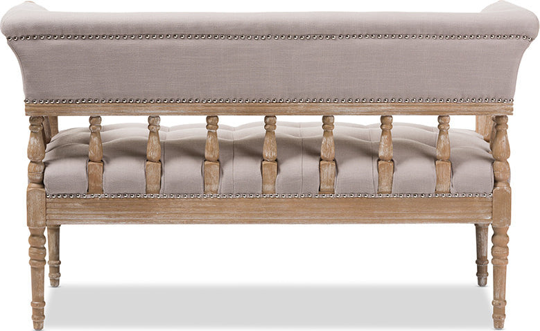Nora Swedish Gustavian Style Distressed Oak Wood Linen Upholstered Sofa Settee