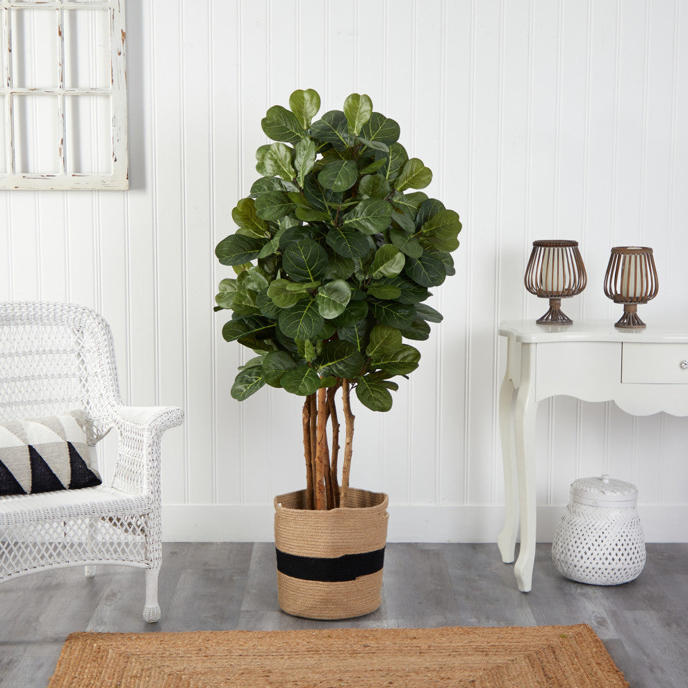 T2953 5 Fiddle Leaf Fig Artificial Tree in Handmade Natural Cotton Planter