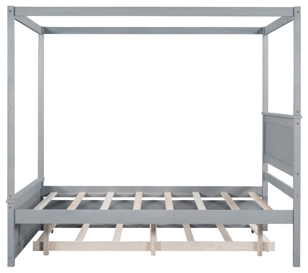 Full Wood Frame Canopy Platform bed with Trundle Bed, Grey, Full