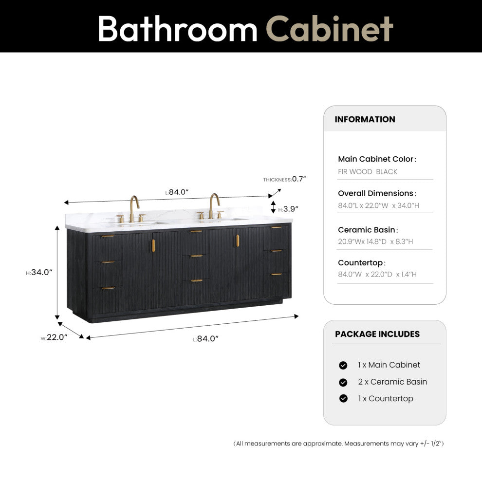 Vinnova Cadiz Bath Vanity, Composite Stone Top, Black, 84", No Mirror