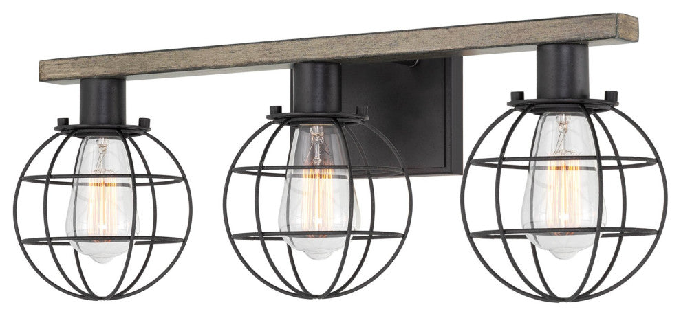 Kira Home Nash 24" Farmhouse / Bathroom Light, Orb Cage Shades, Reclaimed Oak
