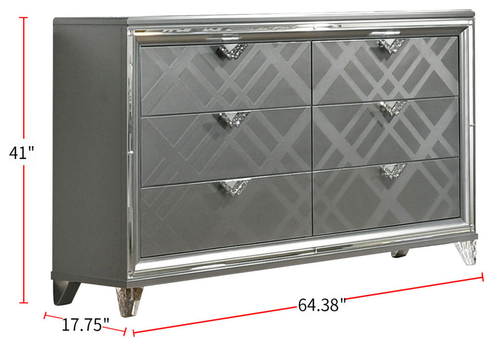 Mirror and Wood Chest with 6 Drawers, Silver