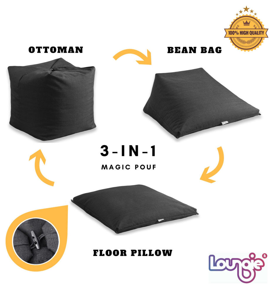 Loungie Magic Pouf Beanbag 3-in-1 Ottoman/Chair/Floor Pillow, Black Linen