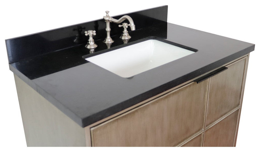 37" Single Wall Mount Vanity, Linen Brown Finish With Black Galaxy Top