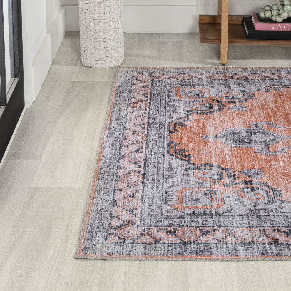 Wincer Chenille Cottage Medallion Washable Rug, Orange/Gray, 3 X 5