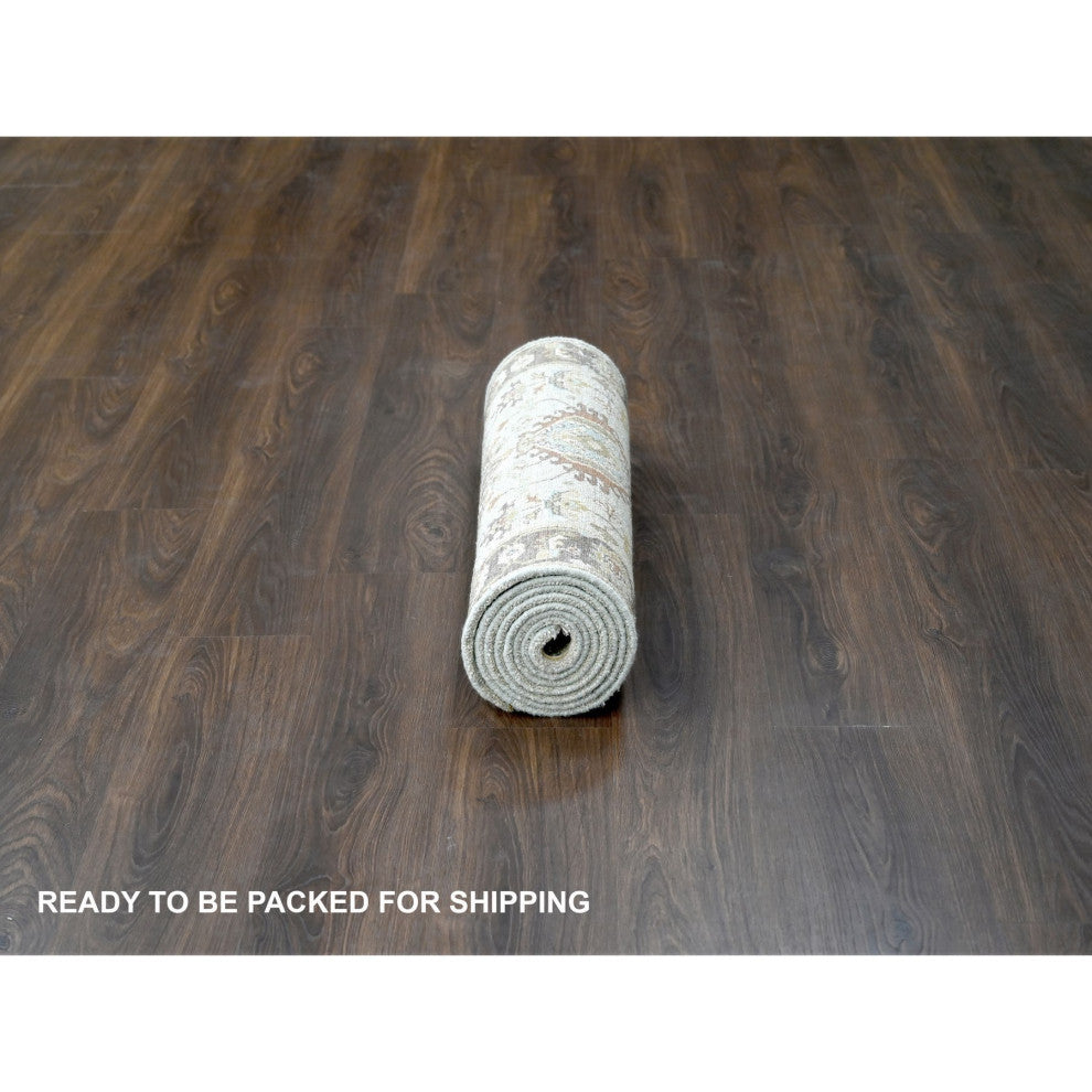 Goose Gray, Karajeh Design, Pure Wool, Hand Knotted Runner Rug, 2'7"x10'