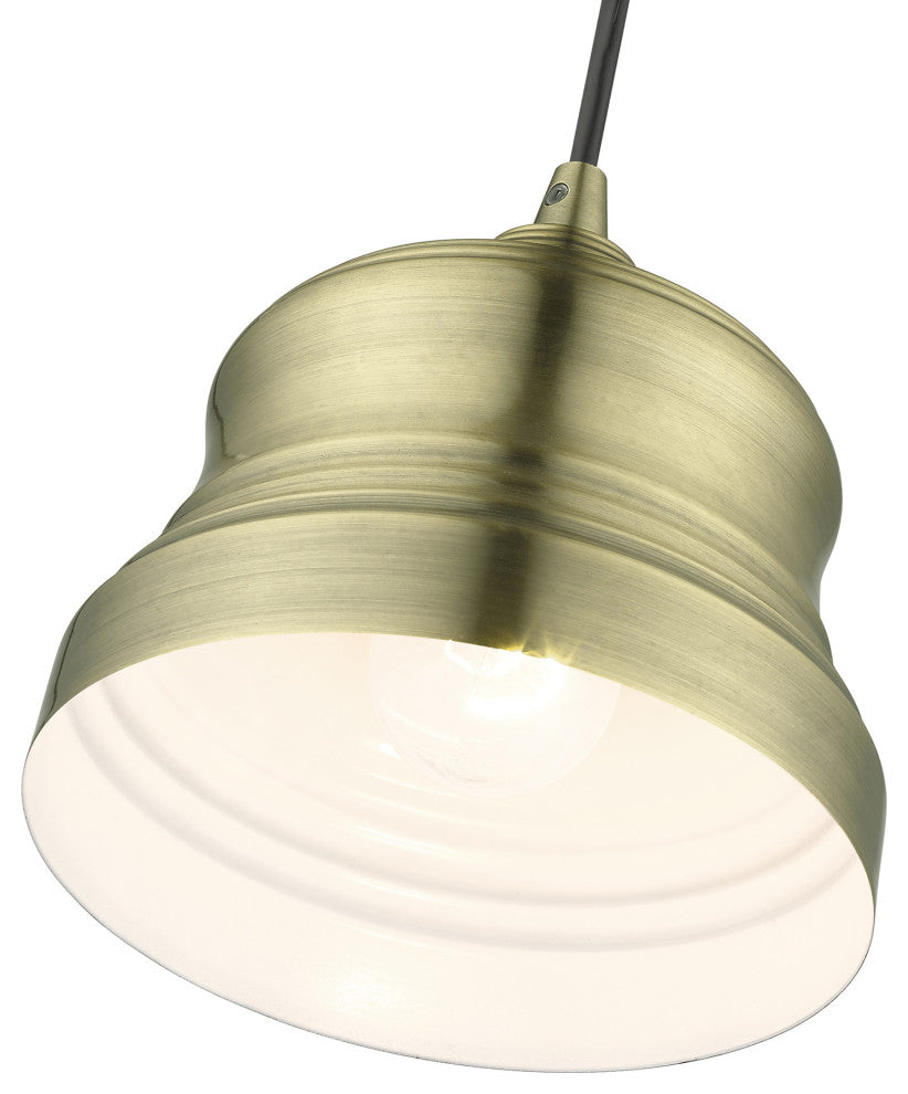 Endicott 1-Light Antique Brass Mini Bell Pendant, Shiny White Inside